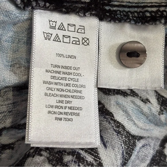 TAHARI Womens Linen Floral Button Up Top Size Large Black Blue Office Career - Picture 7 of 8
